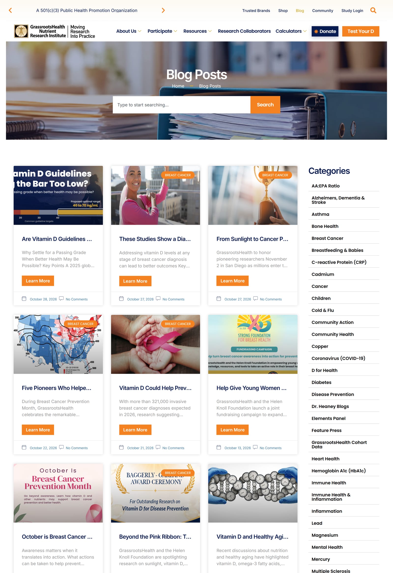 GrassrootsHealth blog page with a search bar, article cards on breast cancer and vitamin D, and a list of health condition categories