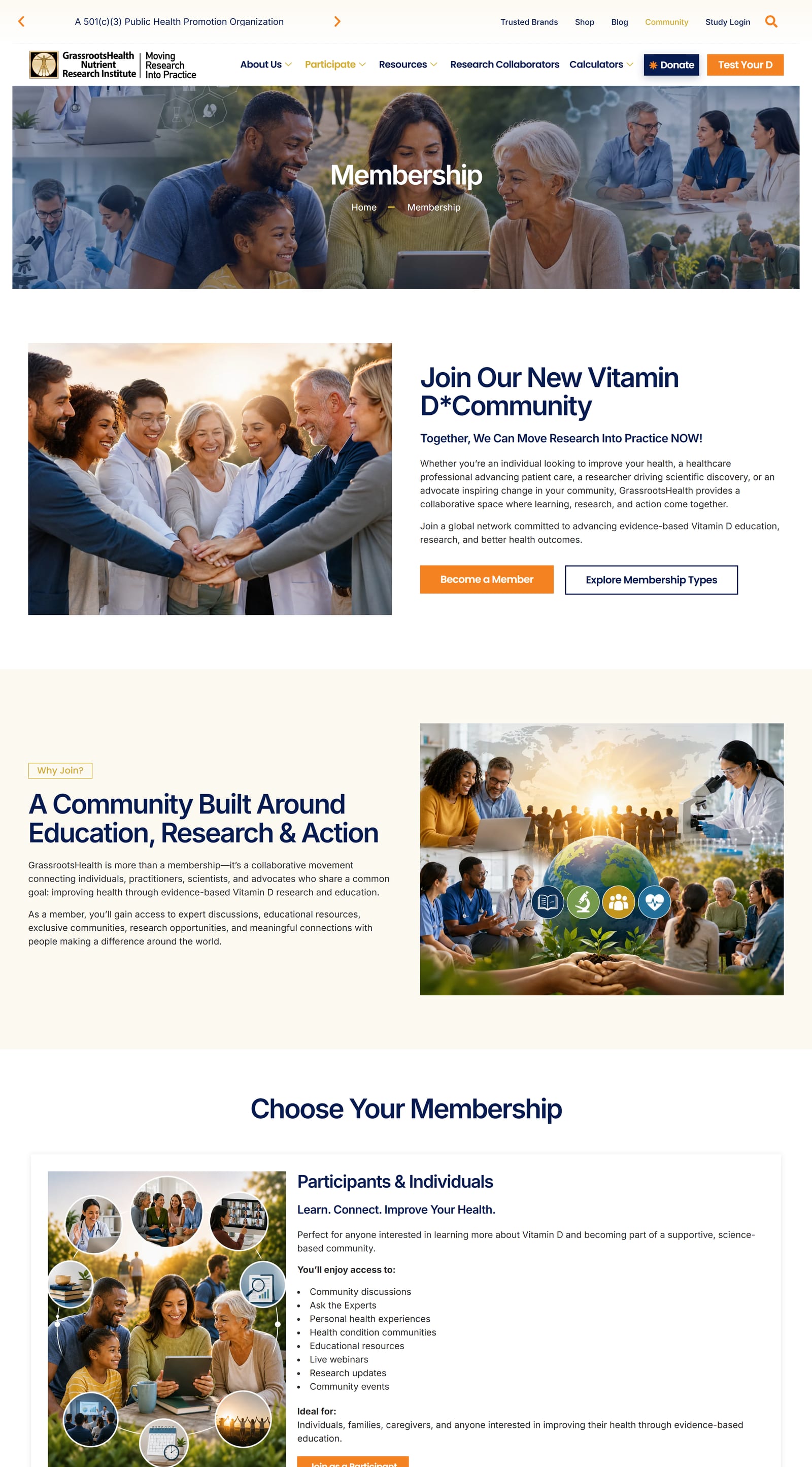 GrassrootsHealth membership page with a hero of participants and practitioners and the Join Our New Vitamin D*Community section