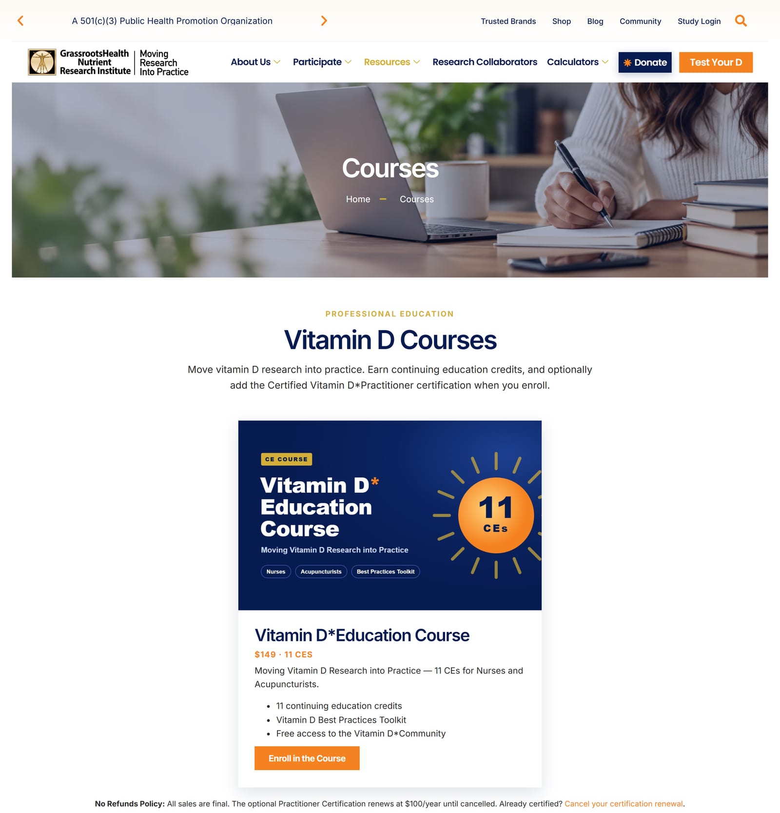 GrassrootsHealth courses page listing the Vitamin D*Education Course, 149 dollars and 11 CEs, with an Enroll in the Course button