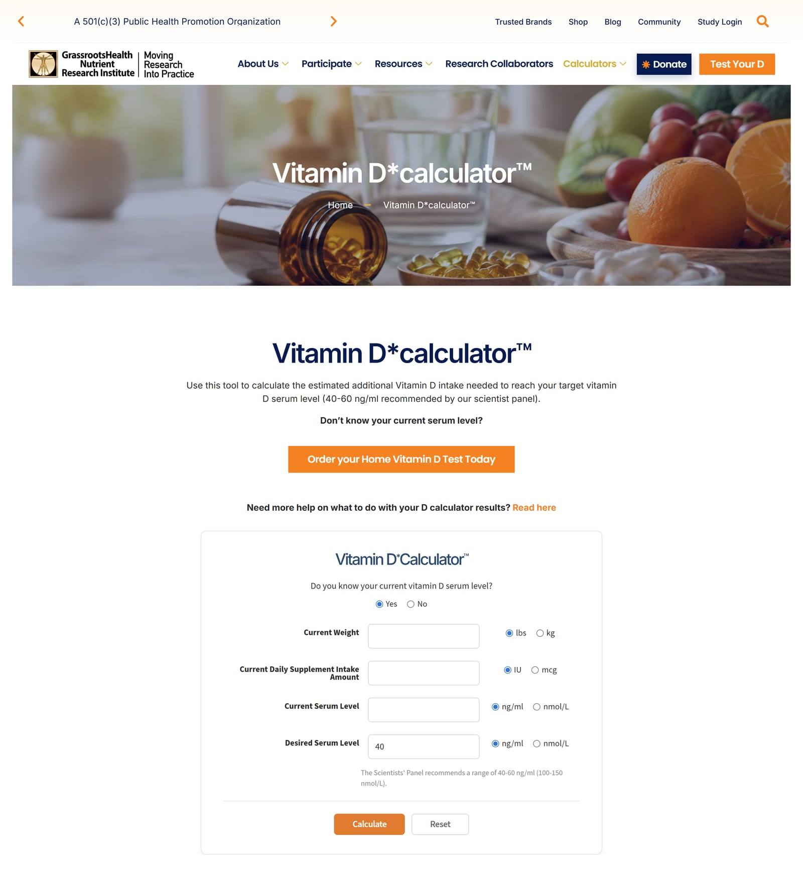The Vitamin D*calculator page with weight, intake and serum level fields, a Calculate button and a references list