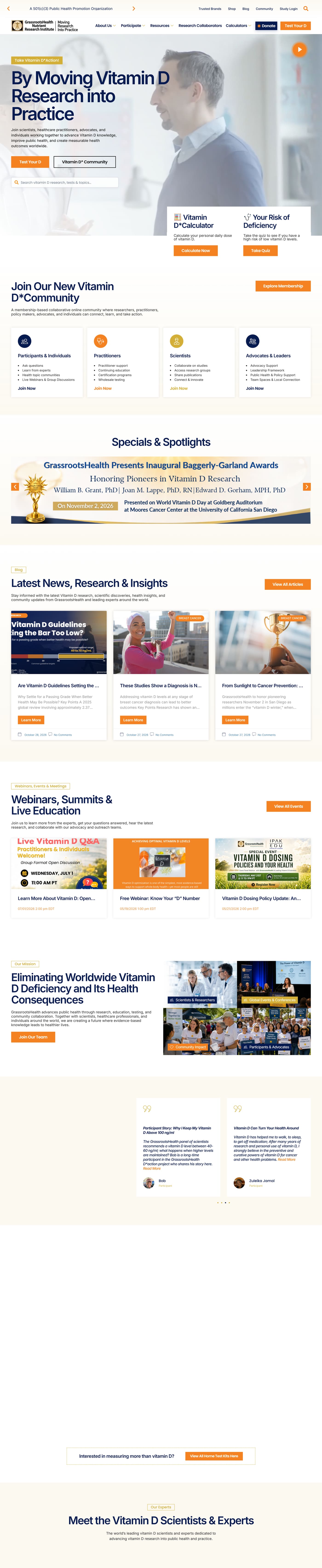 GrassrootsHealth home page: the hero, the vitamin D calculator and risk quiz, the four community cards, specials and the latest research