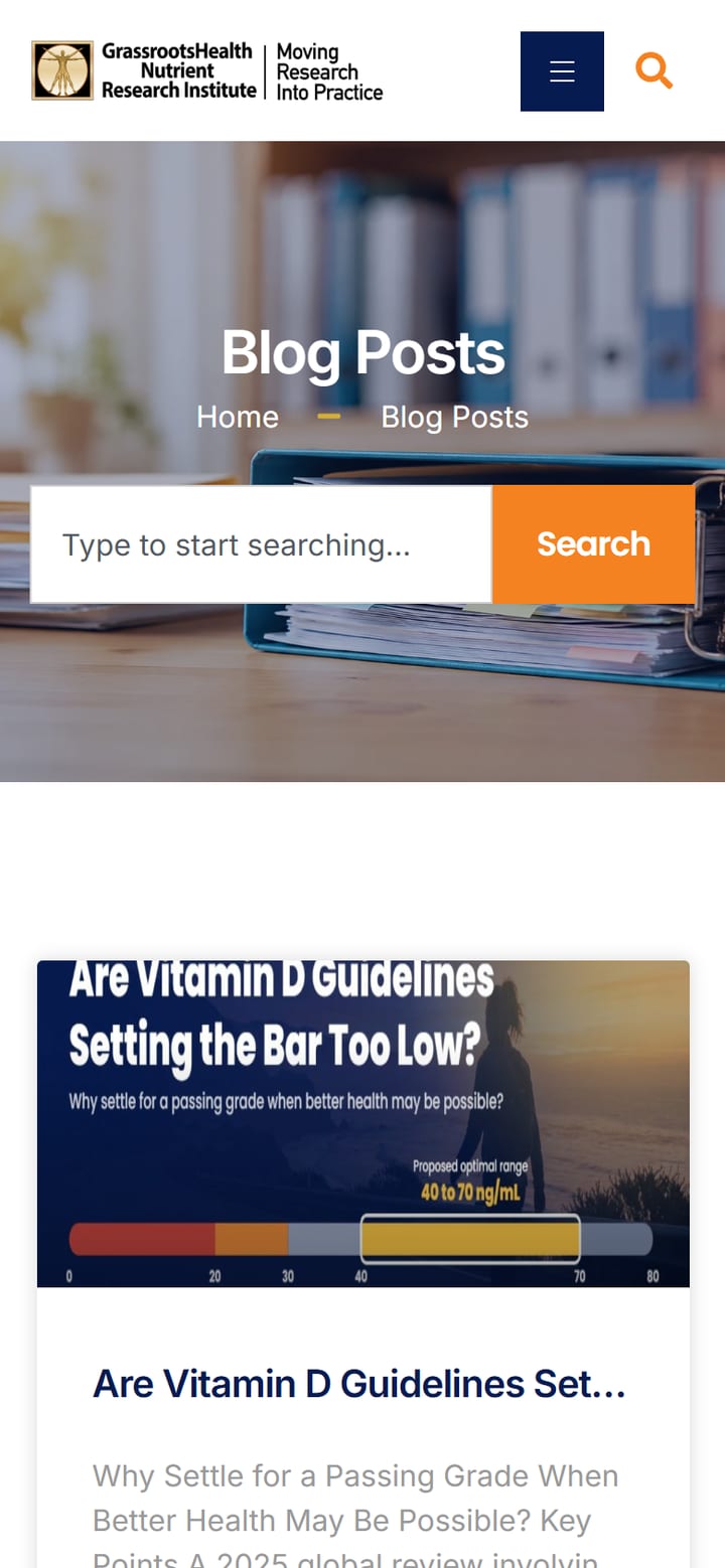 GrassrootsHealth blog page on a phone with the search bar and the first article cards