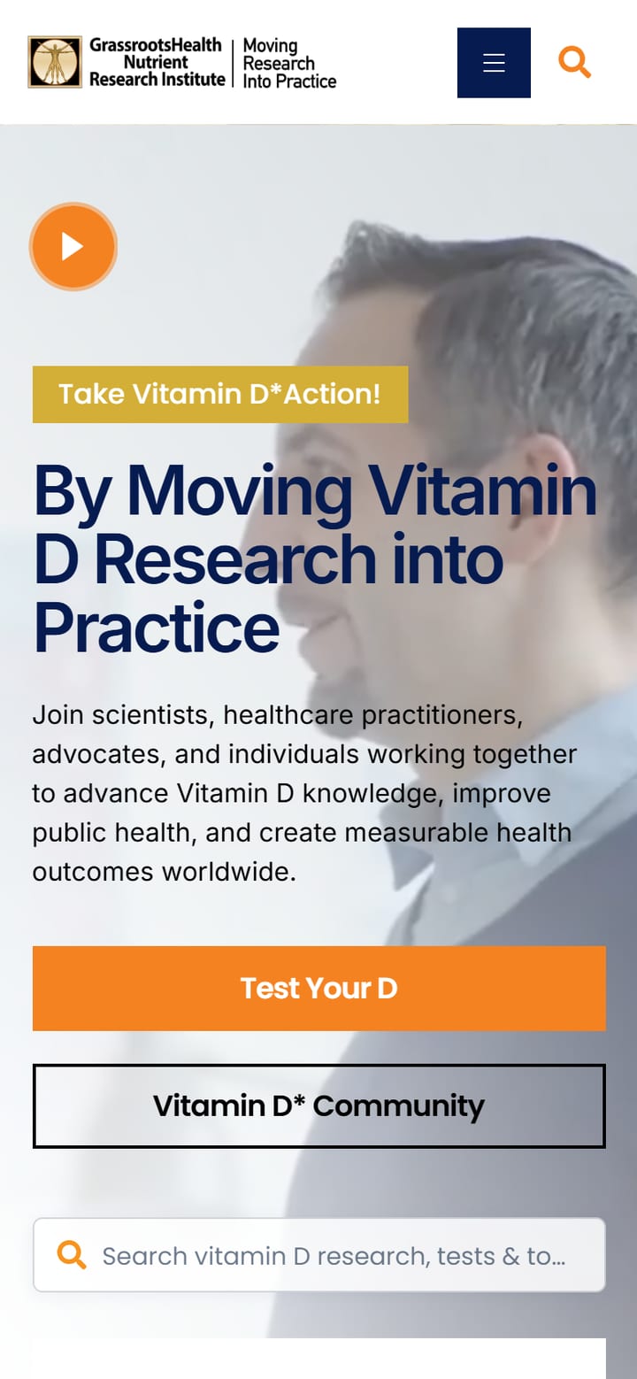 GrassrootsHealth home page on a phone: the hero, Test Your D and Vitamin D Community buttons, the search box and the calculator