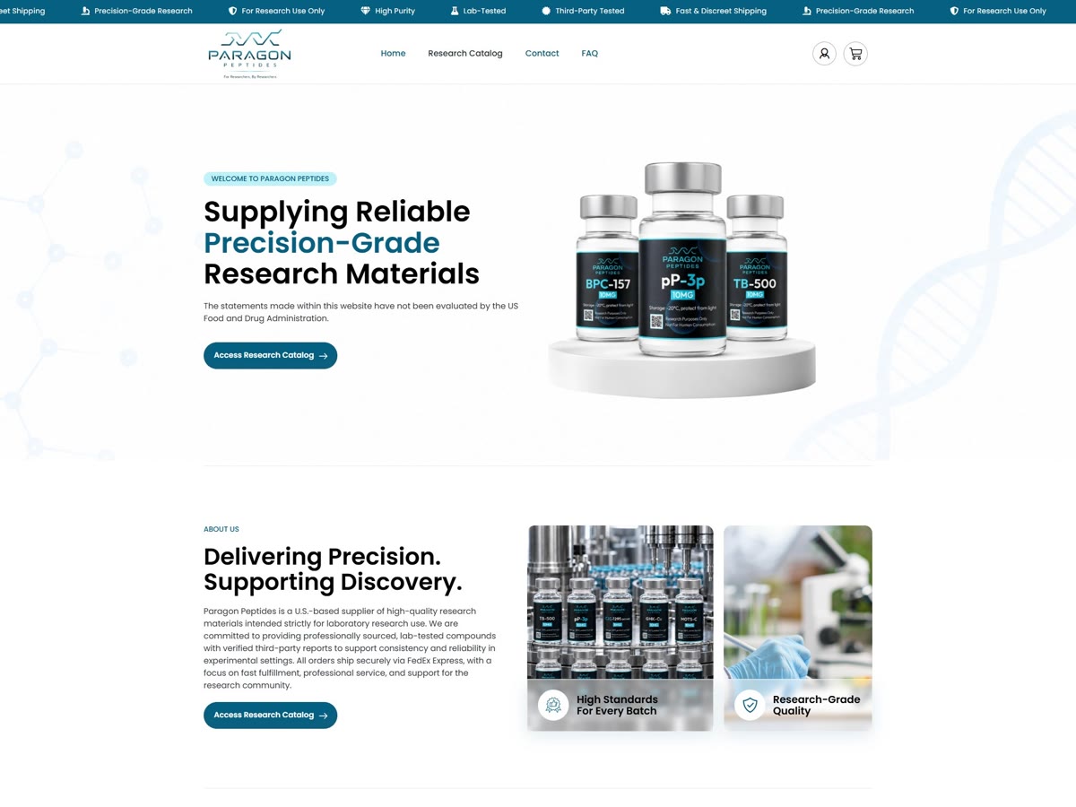 Paragon Peptides store hero with three research vials on a white stand
