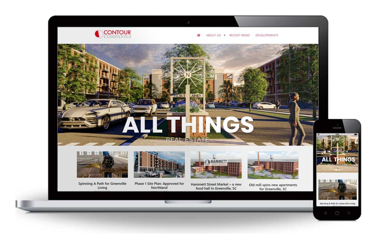 Contour Companies real estate developer website by The Studio Creative, on a laptop and phone, with project news stories