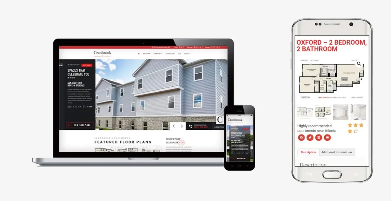 Cranbrook apartments website by The Studio Creative: home page with featured floor plans, and a floor plan page on a phone