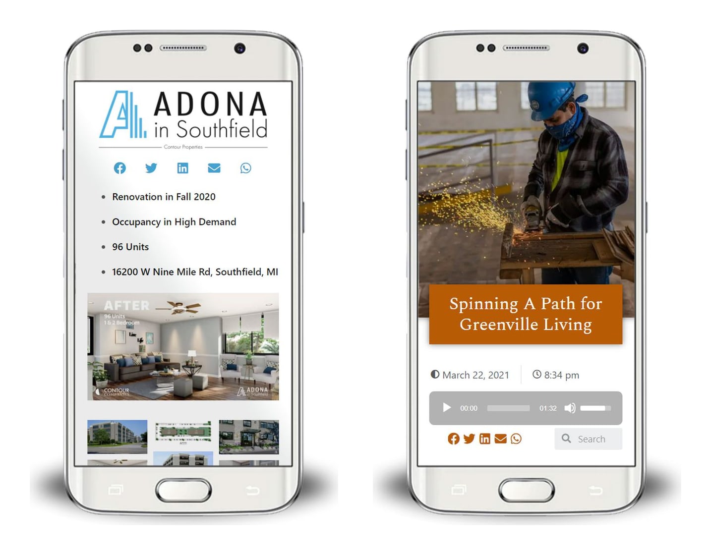 Two phone screens: the Adona in Southfield property page with renovation facts, and a project news article with an audio player