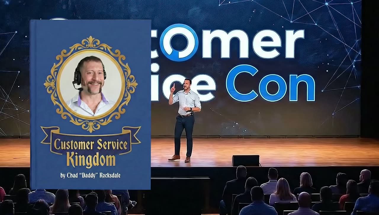 A speaker on a conference stage below a Customer Service Con screen, with a book cover beside him
