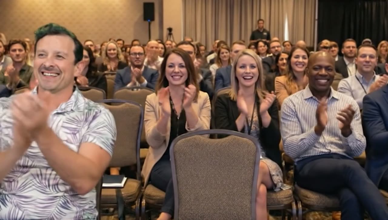 A conference audience applauding, a man in a patterned shirt in the front row