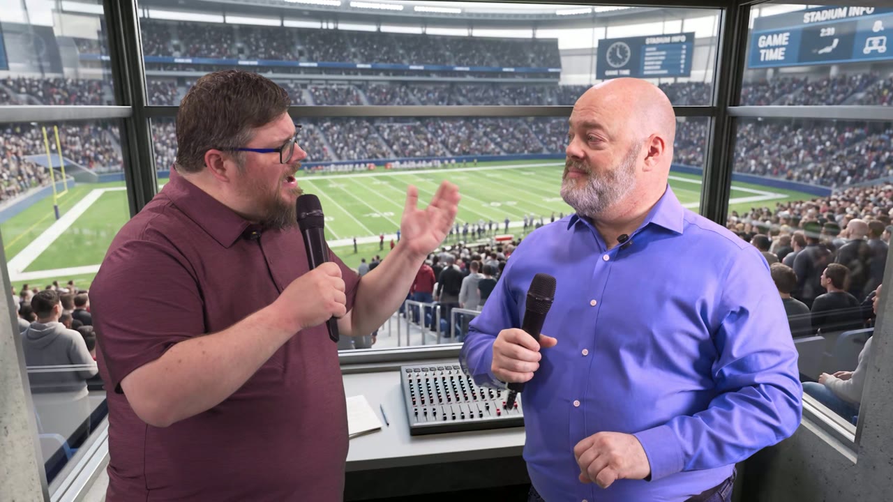 Two announcers with microphones in a virtual stadium press box, a packed crowd and football field behind the glass