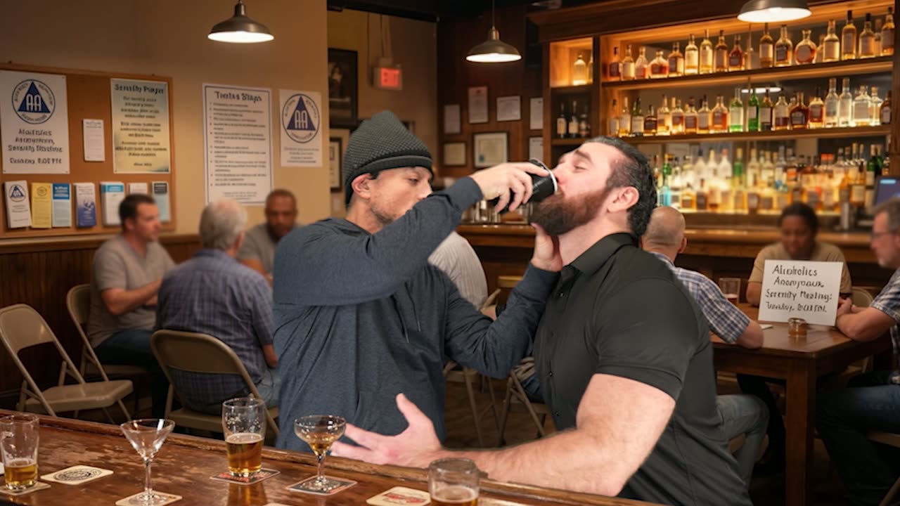 Two men at a bar, one holding a bottle up to the other's mouth, shelves of bottles behind