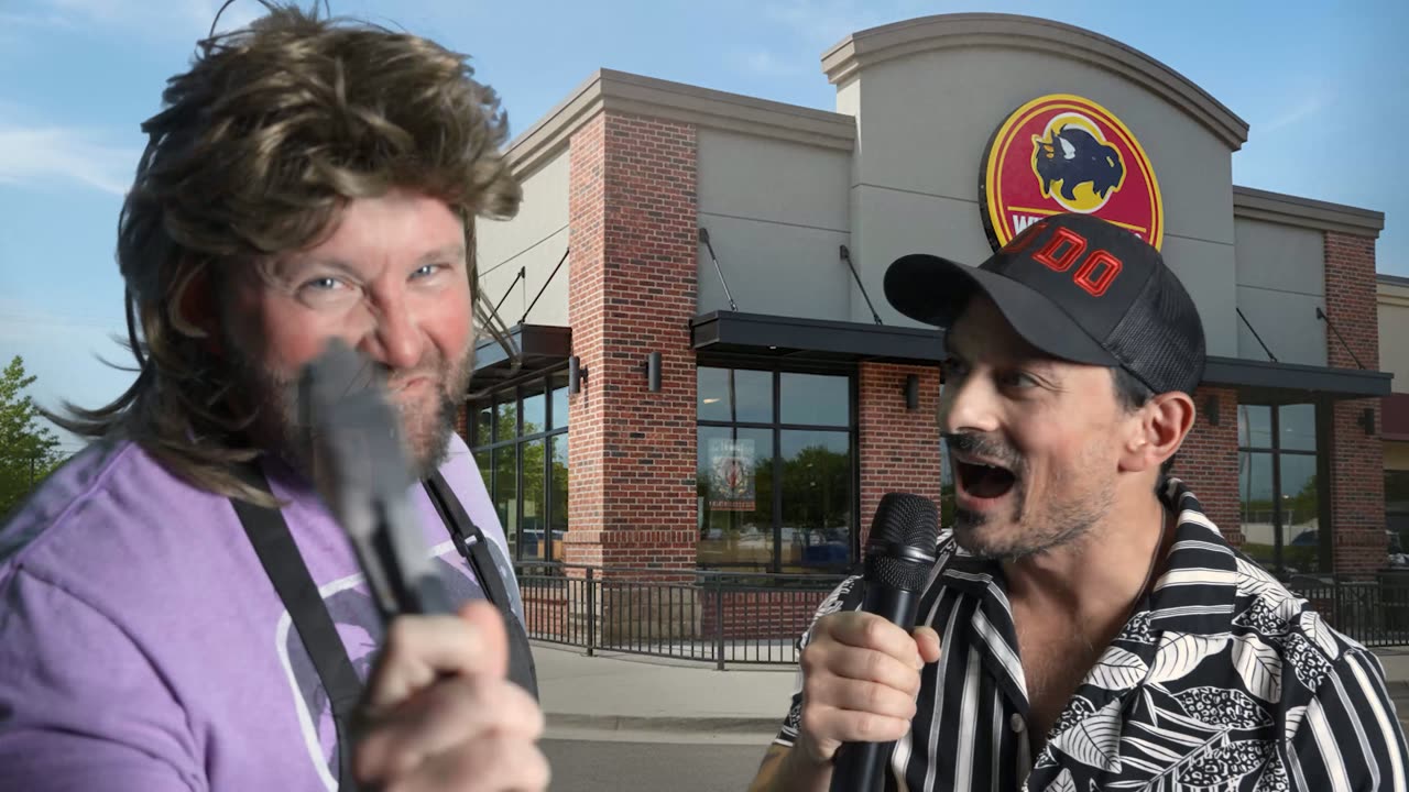 Two characters holding microphones for a street interview outside a restaurant