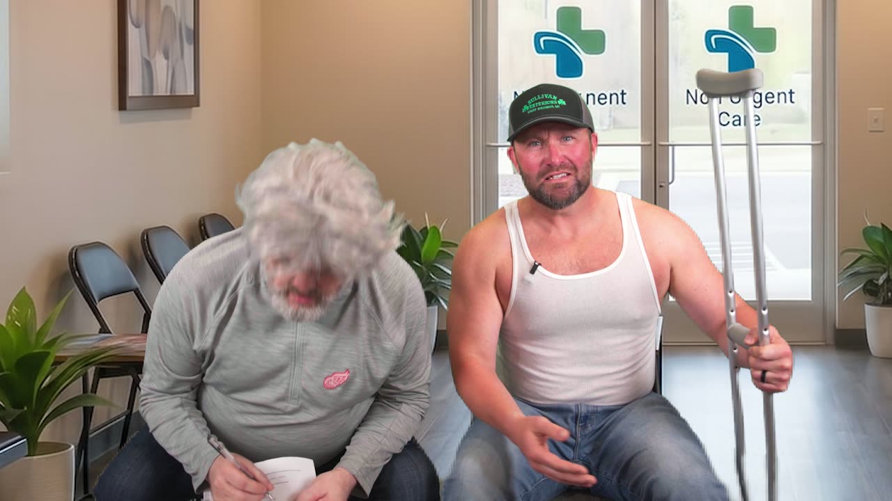 Two patients in a clinic waiting room, one in a tank top holding a crutch, one in a grey wig