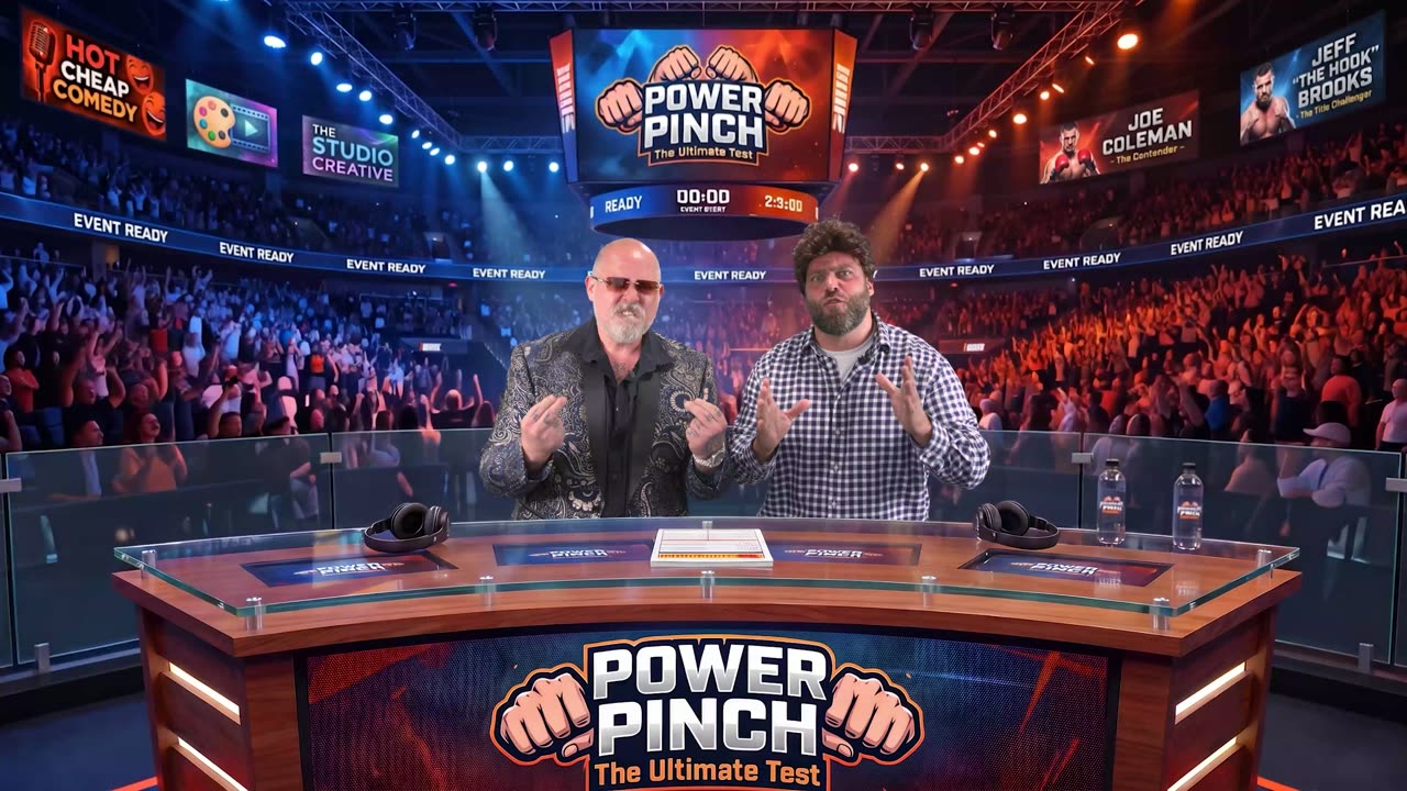 Two hosts behind the Power Pinch desk in a packed arena with big screens behind them