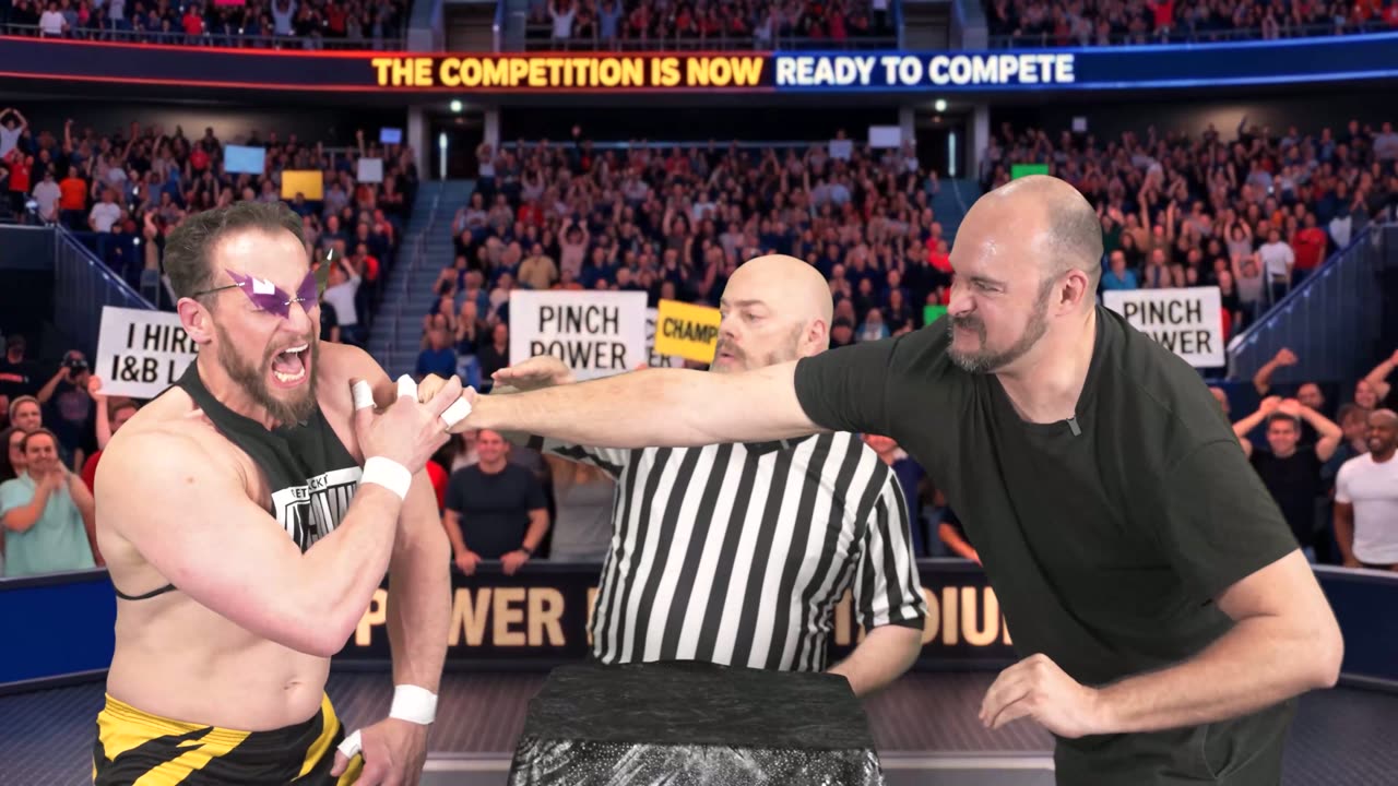 A man in a black shirt pinching a masked wrestler's shoulder in the ring while a referee watches