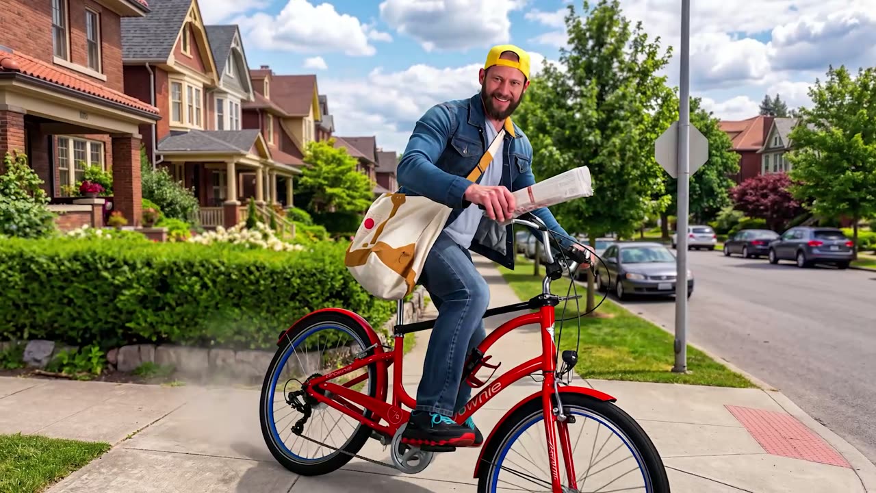 The paperboy riding a red bicycle with a newspaper bag down a sunny suburban street
