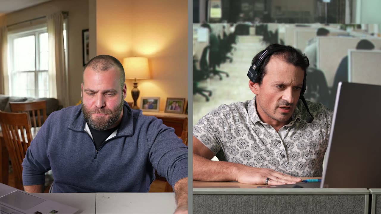 Split frame: a caller at a home desk on the left, a help desk tech in a headset at a computer on the right