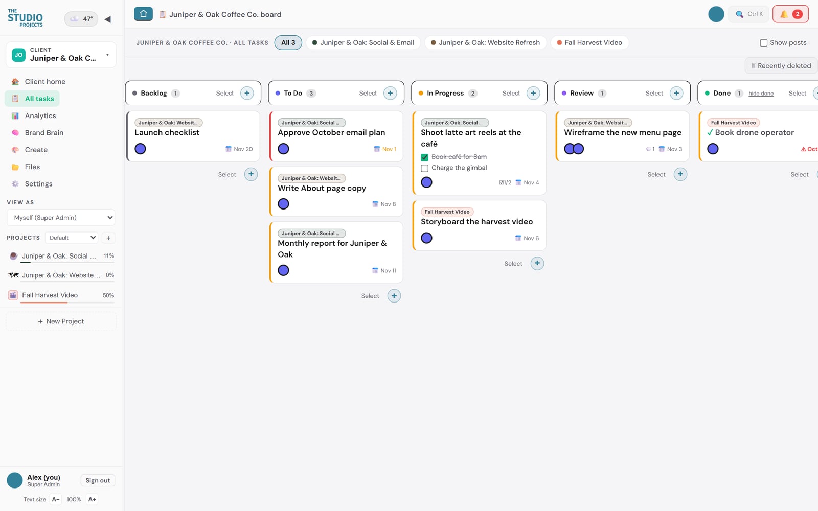 Studio Projects client board with Backlog, To Do, In Progress, Review and Done columns holding tasks from three projects