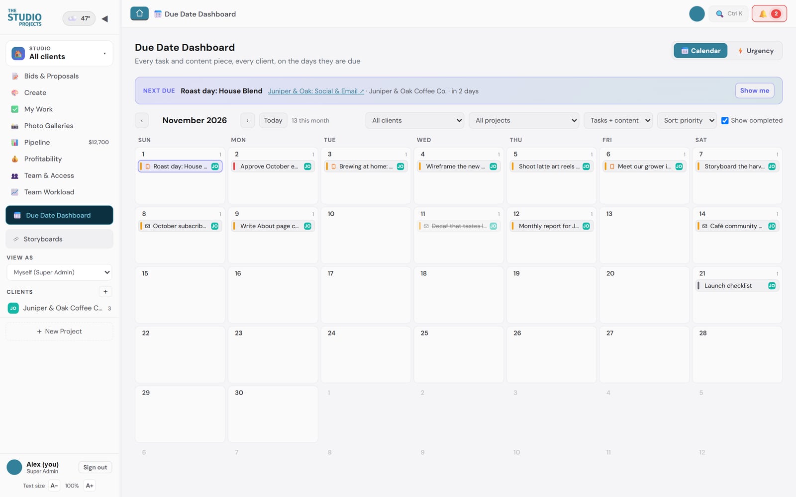 Studio Projects Due Date Dashboard showing a November calendar of tasks and posts across clients with the next due item pinned at the top