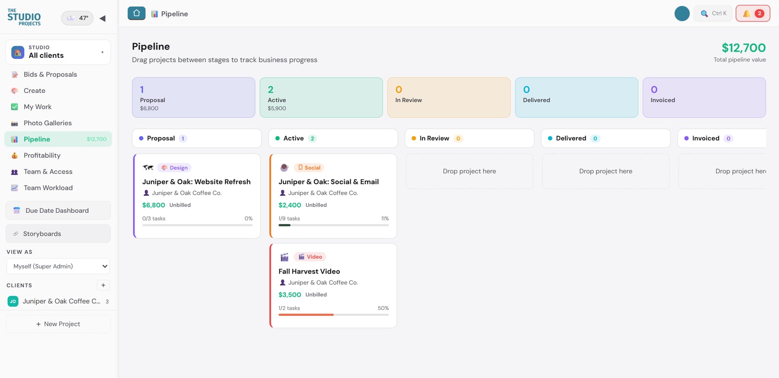 Studio Projects pipeline showing projects by stage with their value, from Proposal to Invoiced, and a total pipeline value