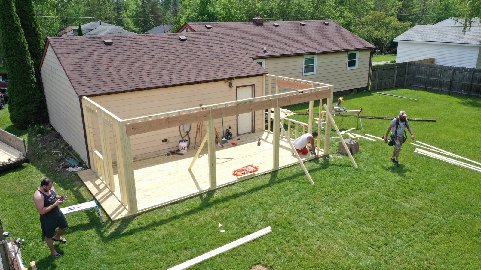 Aerial view of The Studio Creative's studio under construction in Grand Blanc, Michigan, with the first walls framed