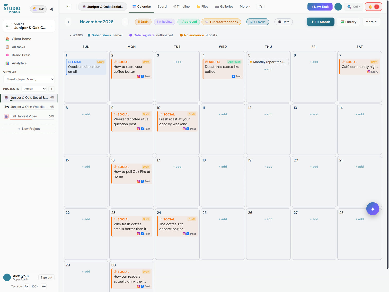 A coffee roaster's November calendar filled with drafted posts and an email