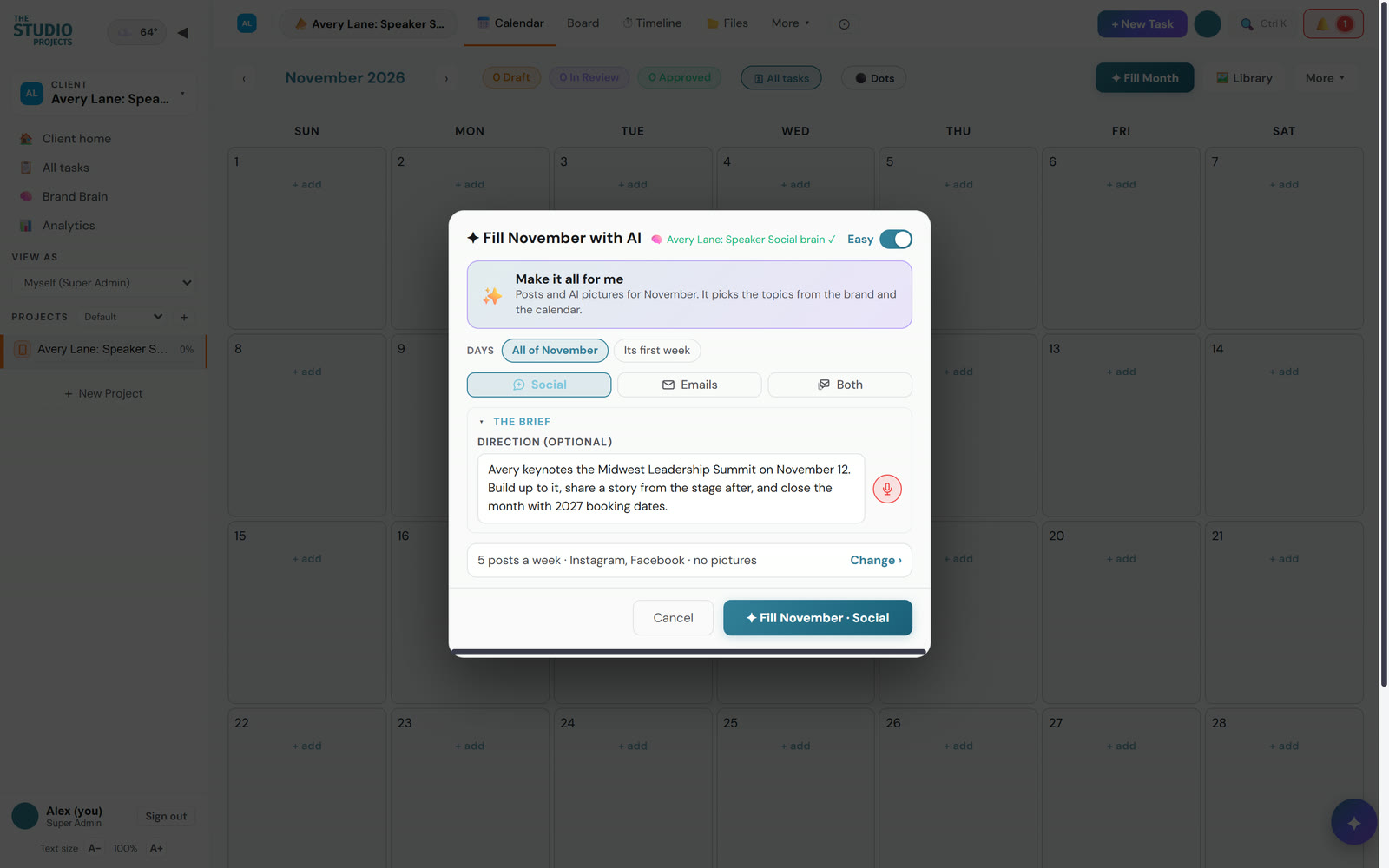 Fill November with AI window in Easy mode with day choices, social or email, a one-line brief and a Fill November button