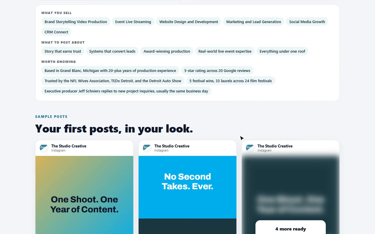 Sample Instagram posts designed in The Studio Creative's colors under the heading Your first posts, in your look