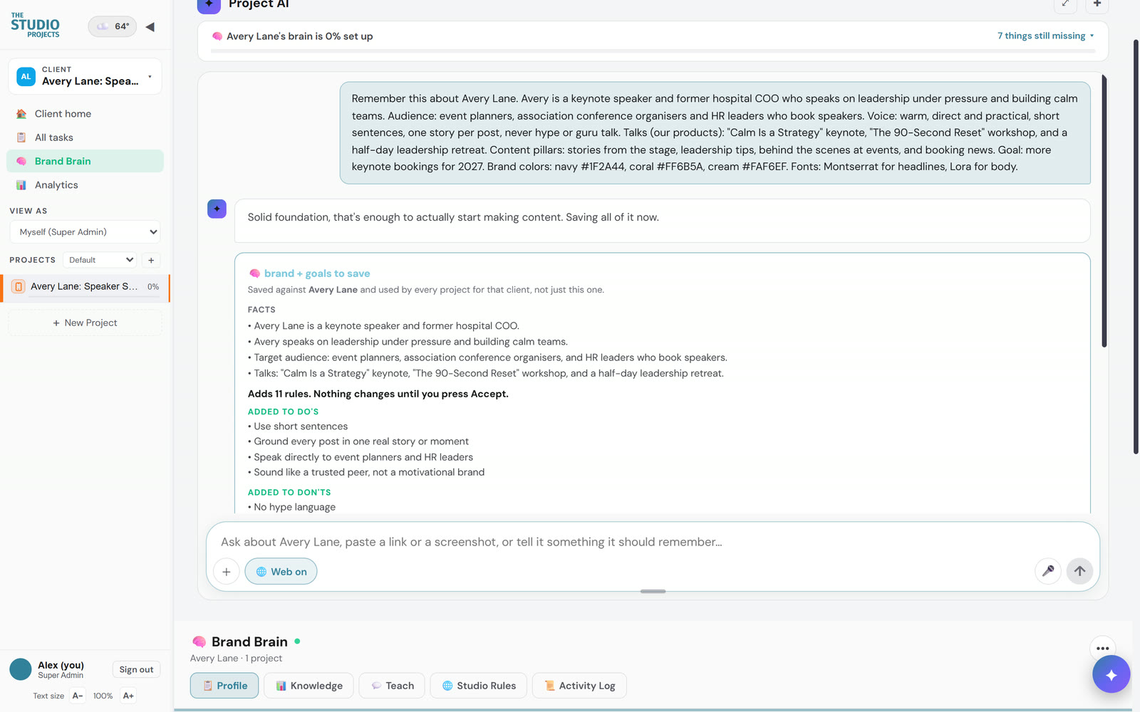 Project AI chat where one message about a brand becomes facts, writing rules, content pillars and a goal waiting to be accepted