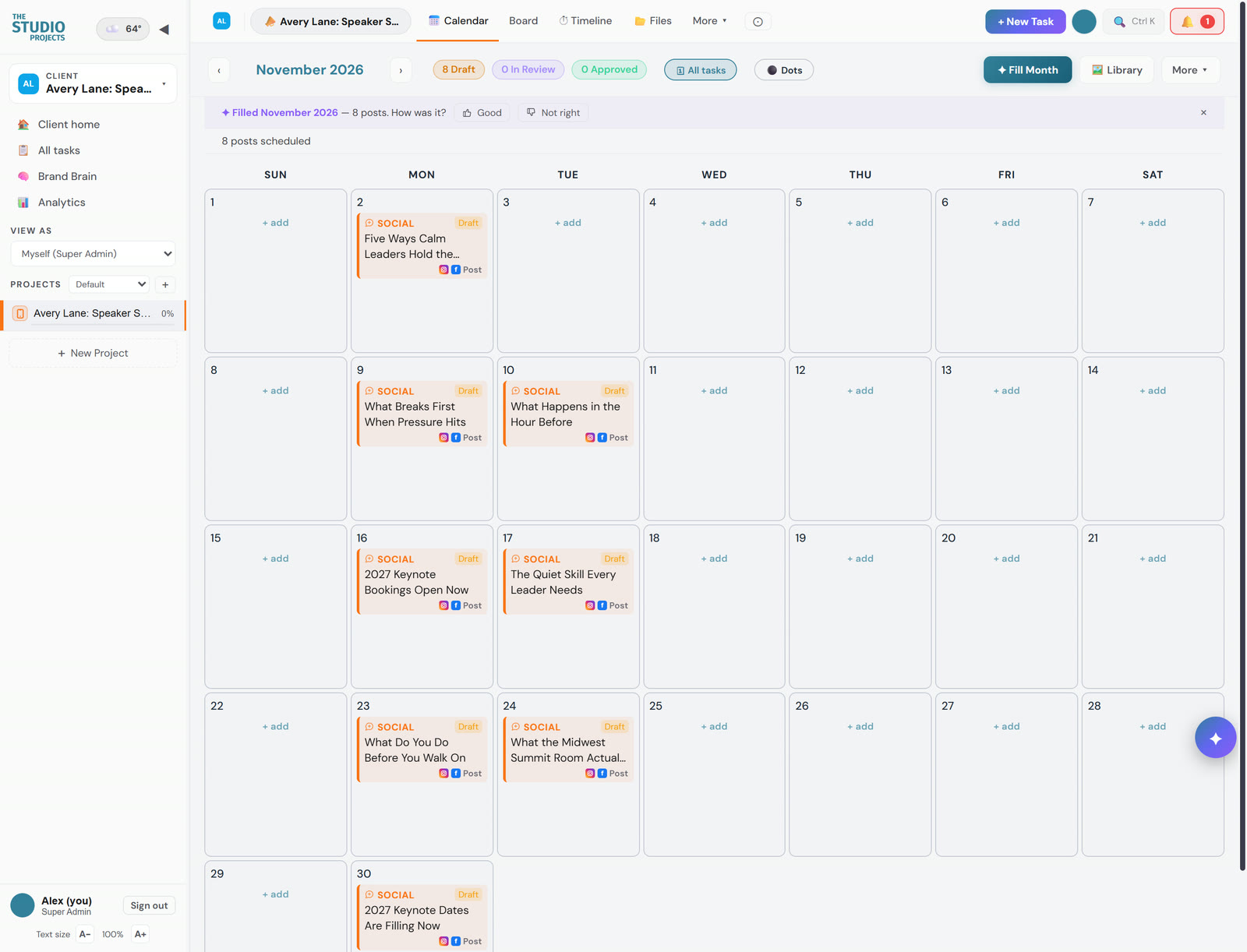 A keynote speaker's November calendar filled with drafted posts about leadership and bookings