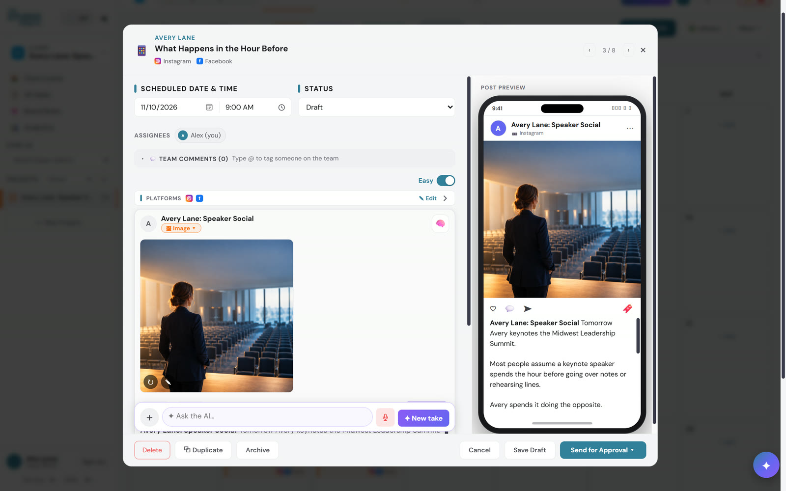Post editor with a caption about the hour before a keynote, an AI picture of a woman in an empty conference hall and a phone preview