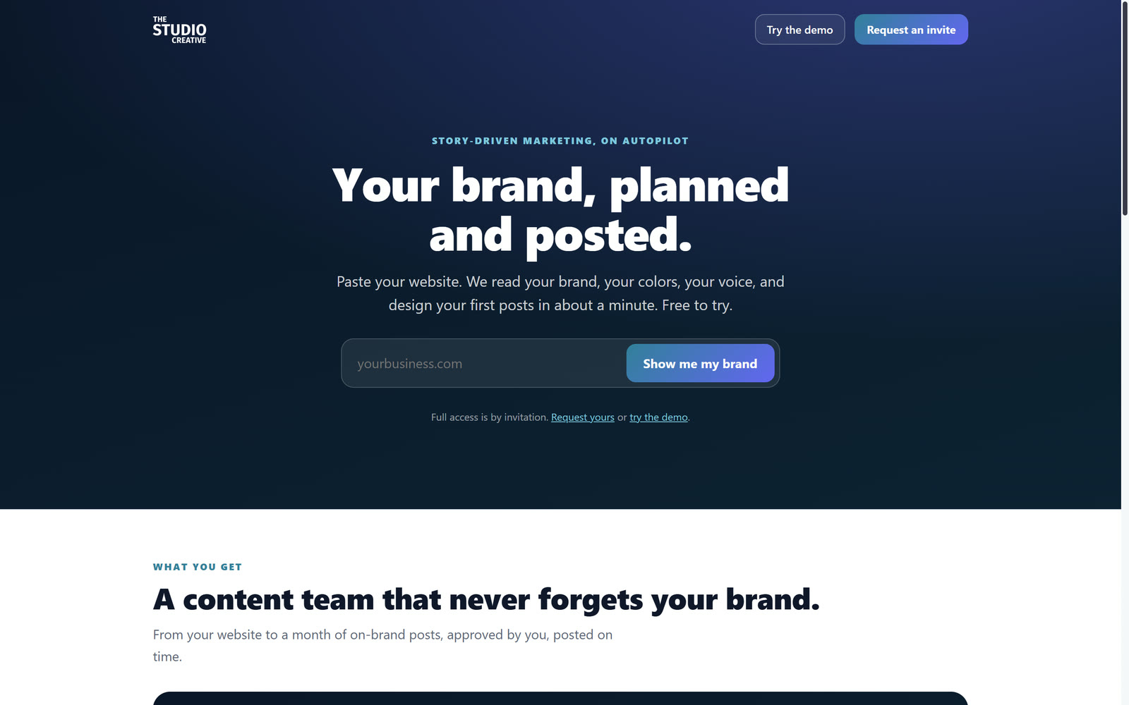 Studio Projects start page headline Your brand, planned and posted, with a box to paste a website and a Show me my brand button