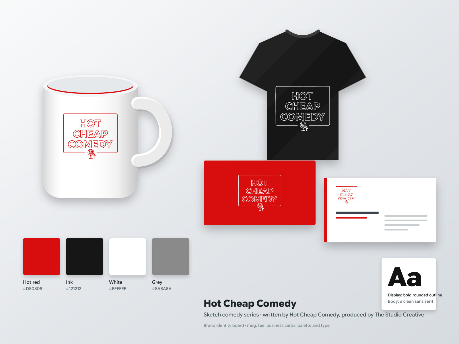Hot Cheap Comedy brand board: the red outline logo on a white mug, a black tee and business cards, with the palette and type