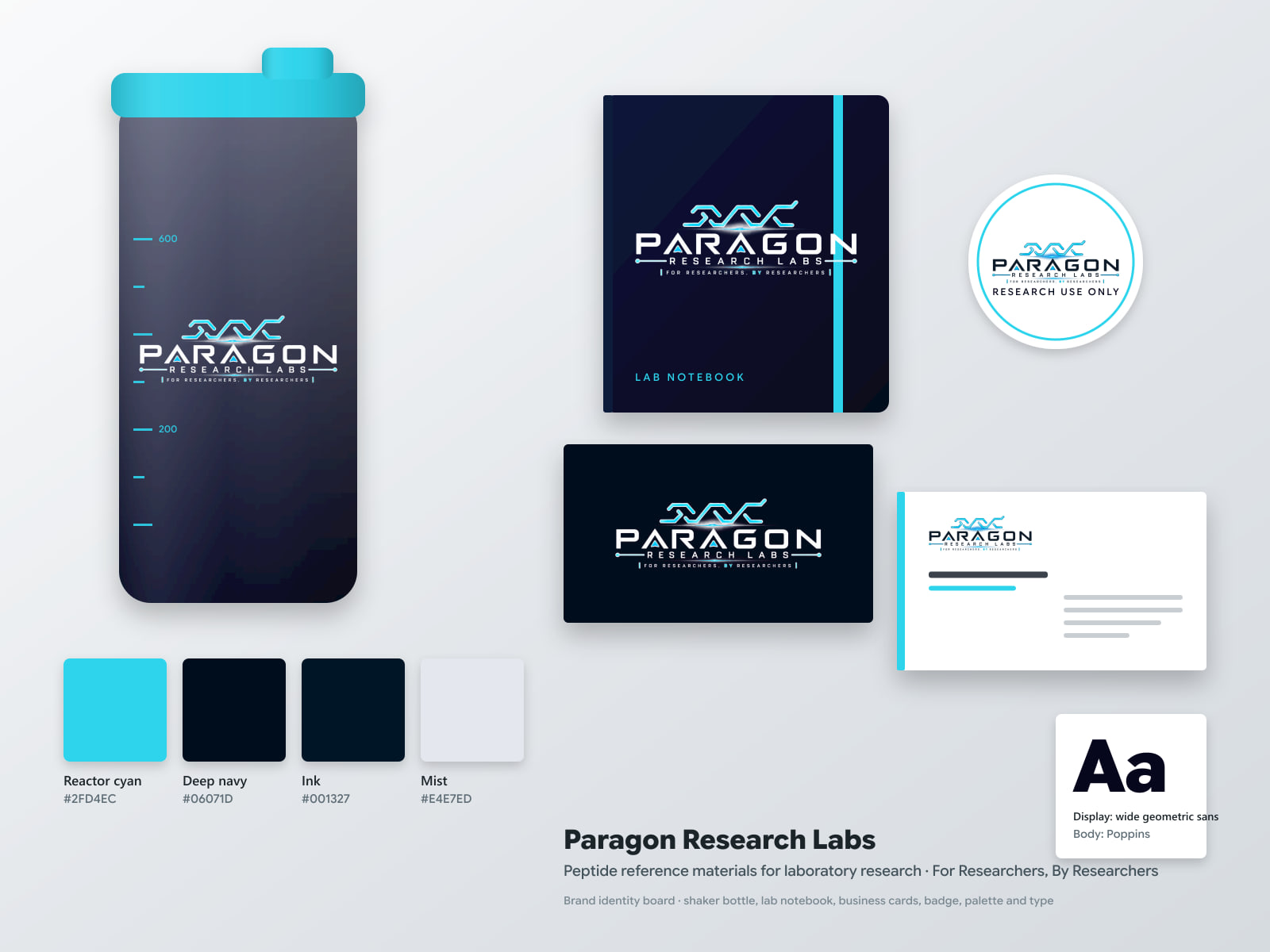 Paragon Research Labs brand board: the cyan and navy logo on a shaker bottle, a lab notebook, business cards and a badge