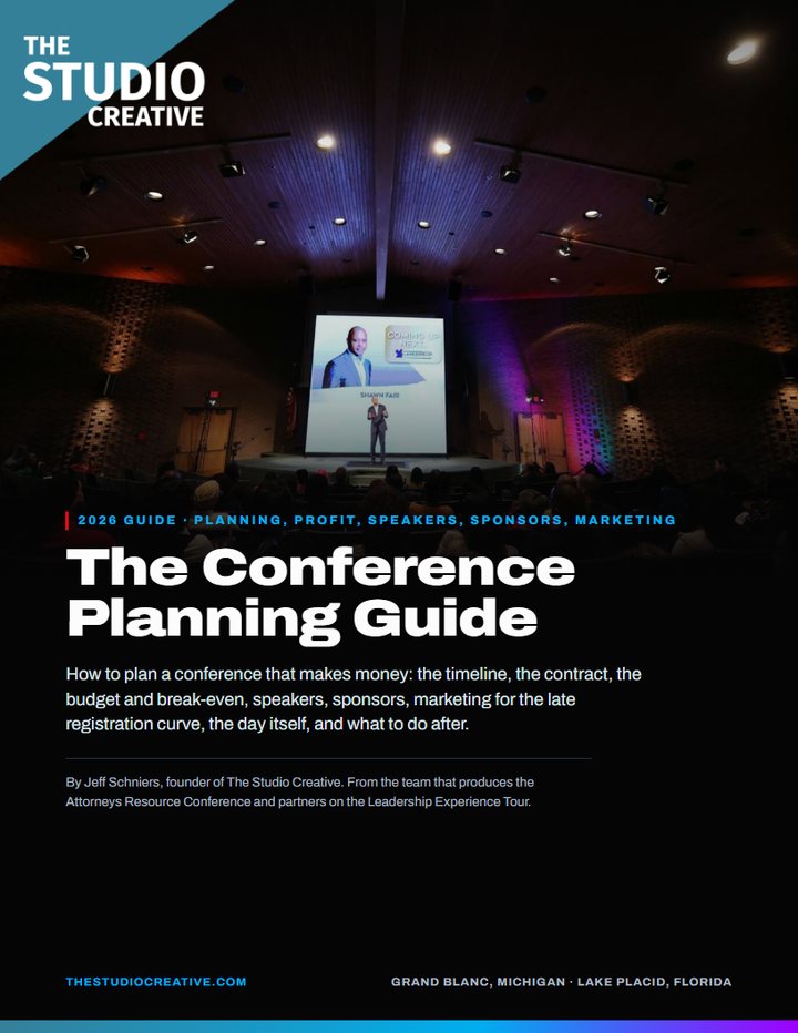 Cover of the free Conference Planning Guide by The Studio Creative