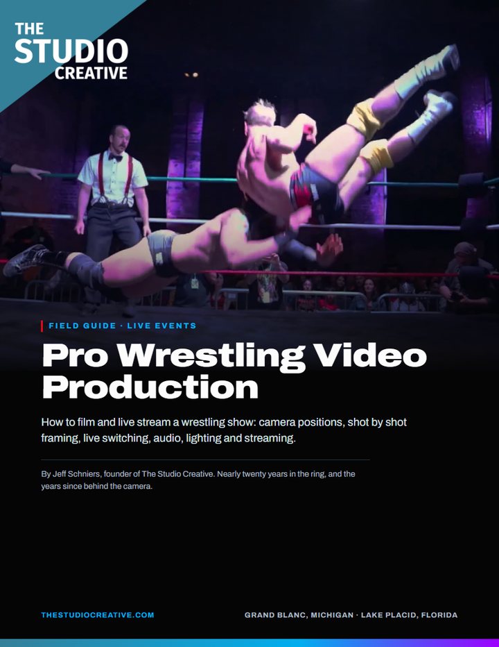 Cover of the Pro Wrestling Video Production guide by The Studio Creative, with a dropkick in mid-air at ringside
