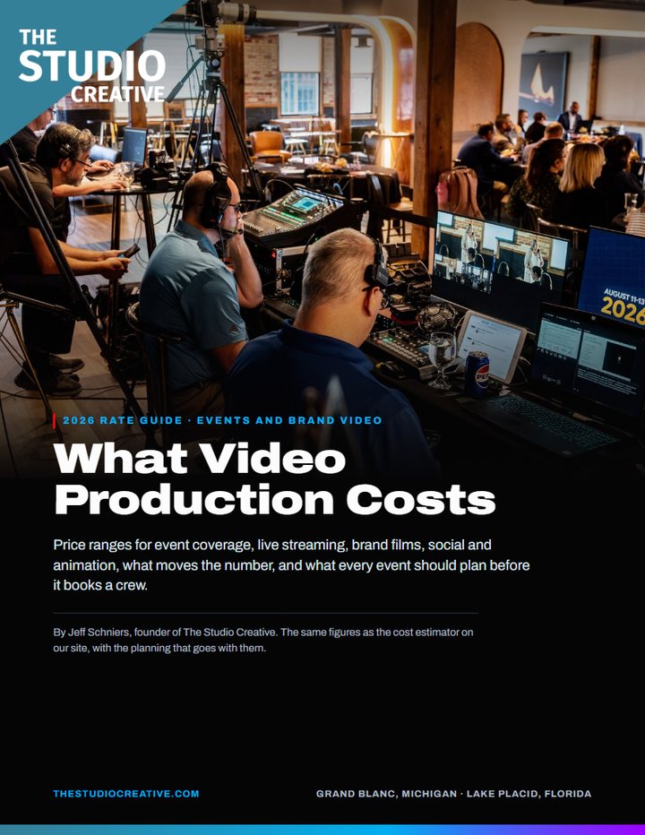 Cover of The Studio Creative 2026 Video Production Rate Guide, a crew at the production desk of a conference