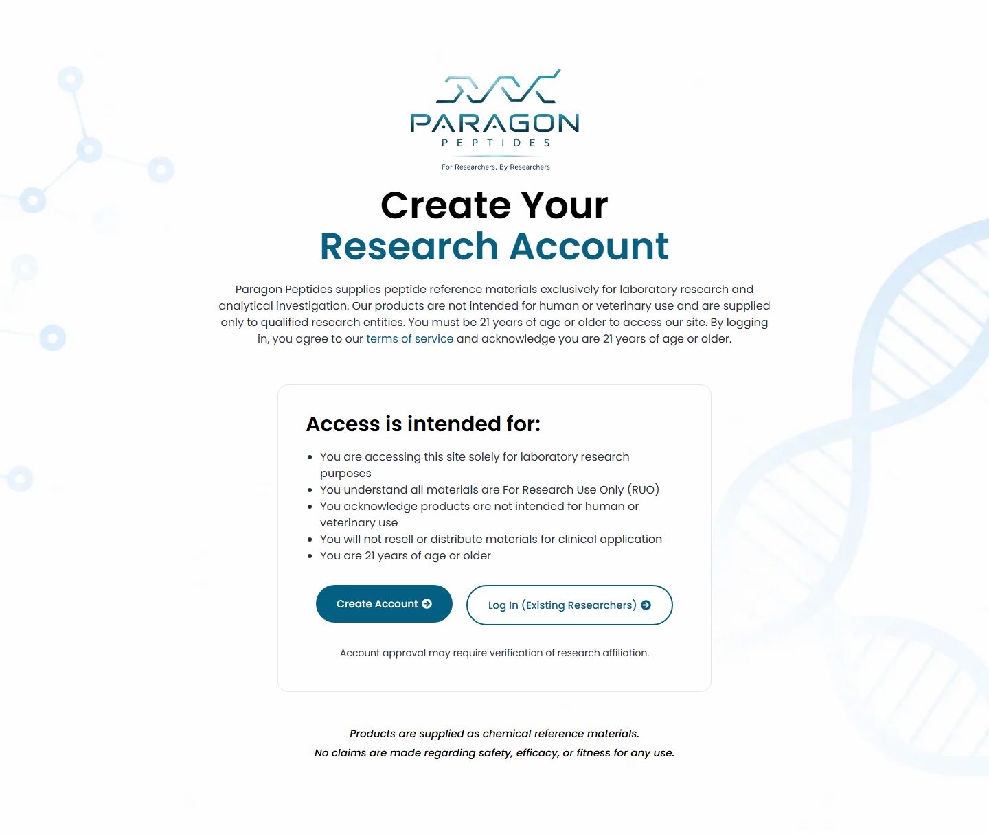 Paragon Peptides research account sign-up page with the research-only terms